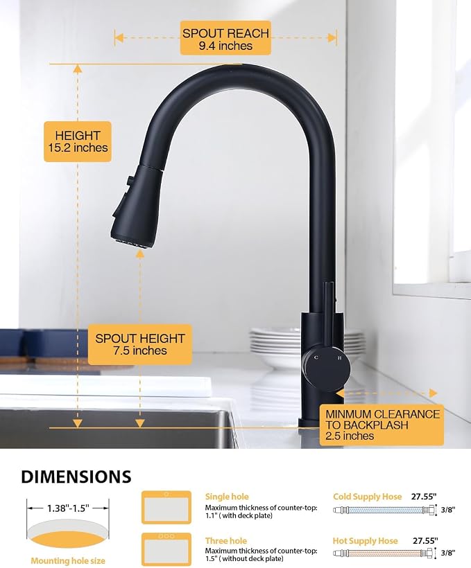 Hiqufet Black Kitchen Faucet with Pull Down Sprayer | Leak-Proof, Fingerprint Resistant Stainless Steel, Single Hole Setup, Single Handle Control