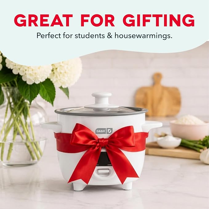 Dash Mini Rice Cooker | Small Rice Maker, 2 Cups Cooked / 1 Cup Uncooked, Ceramic Nonstick Removable Pot, Keep Warm Function, Compact and Portable for Dorm, Travel, Single Serve, White