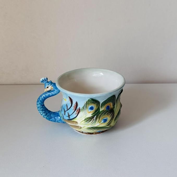 Ceramic Tea Cup and Saucer Set ，6OZ 3D Hand-Painted Peacock Coffee Mug，Gift for Women