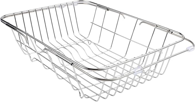 Adjustable Sink Dish Drying Rack Stainless Steel with Non-Slip Rubber Feet for Kitchen Storage Organization Space-Saving Over-the-Sink Drainer Holder for Vegetables Fruits(34.5x25x11cm)