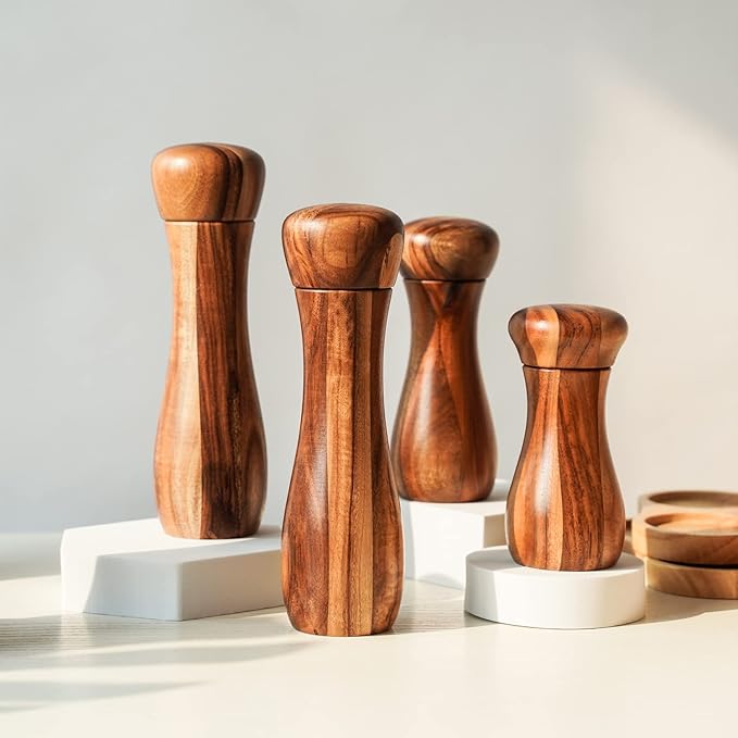 Pepper Mill, Pepper Grinder, Adjustable Ceramic Grinder for Both Pepper and Salt, Acacia Wood, Height 20.5 cm / 8 inch, Dia 6 cm(Tray is NOT Included)