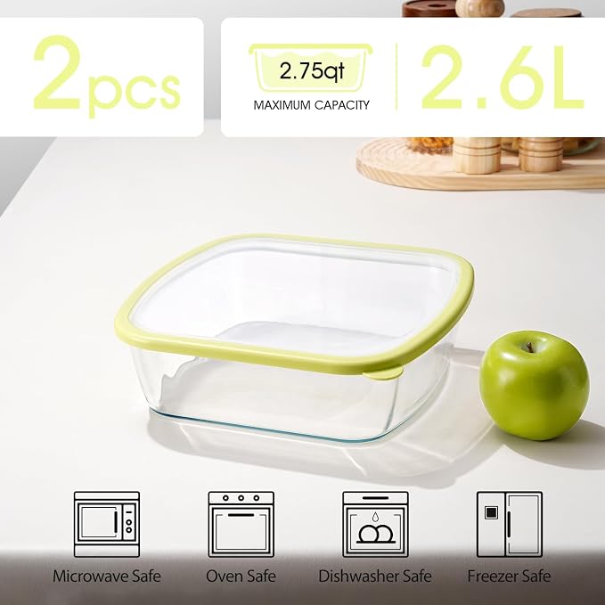 NUTRIUPS 2 Pack 9 x 9 Glass Baking Dish with Lid, 9 x 9 Baking Pan, 2.75QT LARGE and DEEP Baking Dish for Oven (Yellow, 2 Pack, 2.6L)