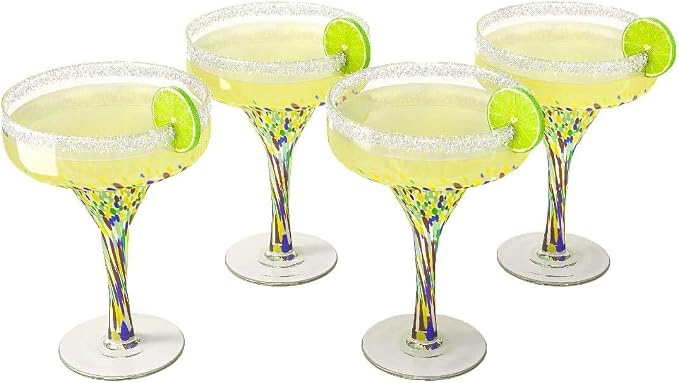 Margarita Glasses – Set of 4 - Luxury Hand Blown Confetti Margaritas, Cocktails, Water, Wine, Dessert, Martini & Champagne Cinco de Mayo, Hand Blown - Mexican Confetti Design Glass, Party, Home & Bar