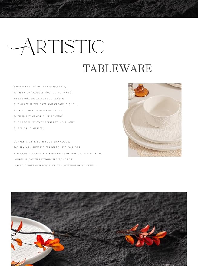 4-piece set, ceramic, embossed stone design plate and bowl set, microwave and dishwasher compatible tableware set, shatterproof and scratch resistant dinner set, irregular edge design, white