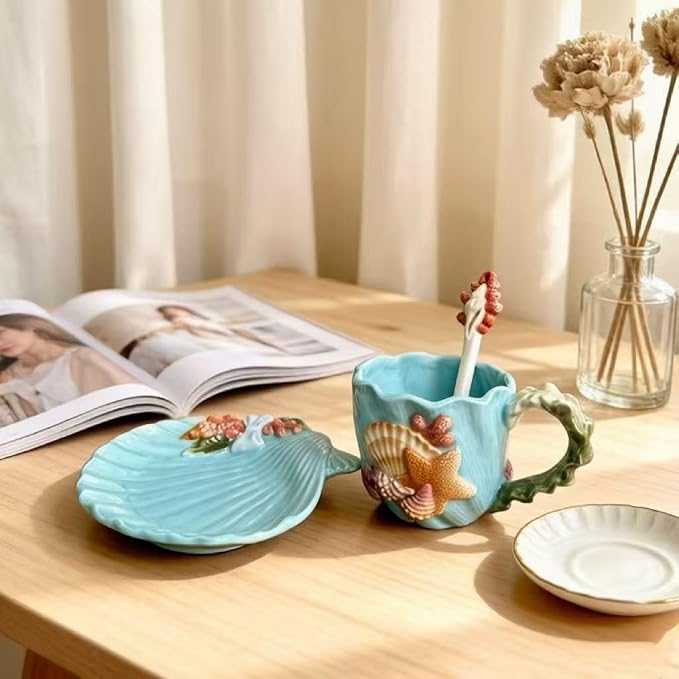 Coastal Seashell Starfish Ceramic Cup and Saucer Set - 3D Hand-Painted Ocean Themed Mug with Seashell-Shaped Saucer, Tableware for Coffee/Tea Lovers
