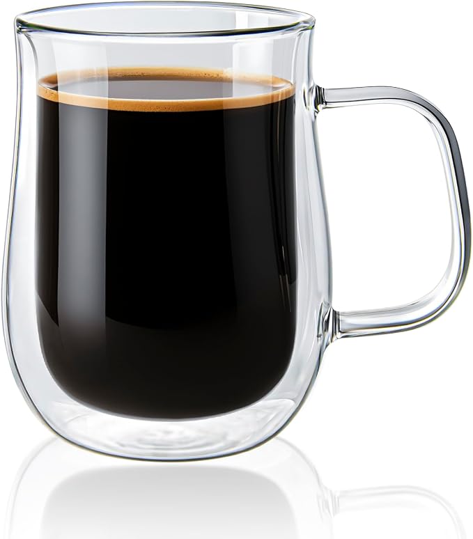 Double Walled Glass Coffee Mugs 16 OZ, Borosilicate Glass Coffee Cups Set of 2 with Spoons, Insulated Clear Coffee Mug for Hot Beverages, Cappuccino, Latte, Tea Bag.
