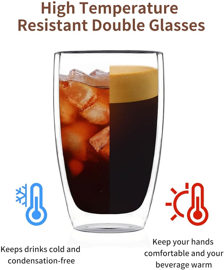 DOPUDO 17oz Double Wall Glass Coffee Mugs, Insulated Coffee Mug, Clear Borosilicate Glass Coffee Cups for Cappuccino, Tea, Lightweight and Microwave Safe