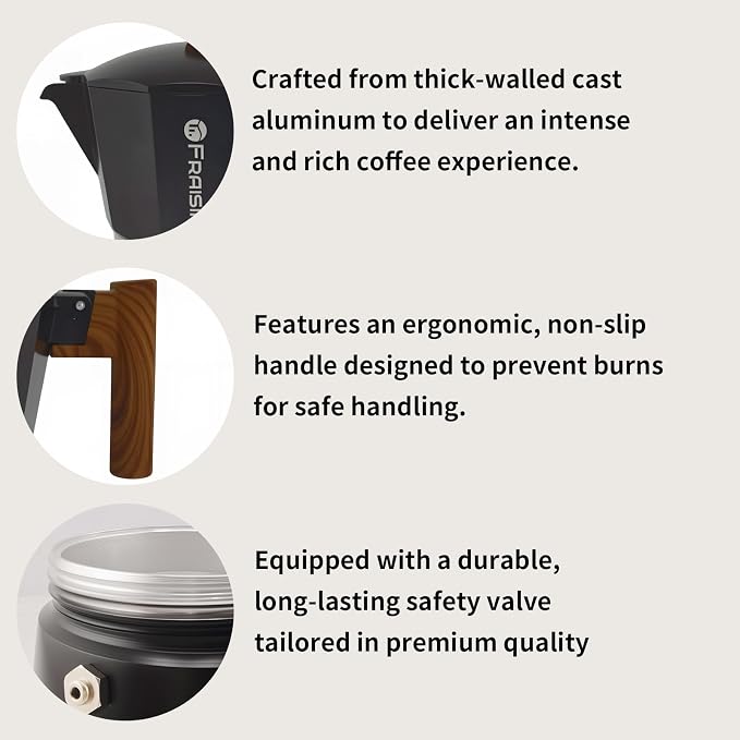 Stovetop Espresso Moka Pot Coffee Maker, Non-slip Wood Grain Handle, Cast Aluminum, Compatible with Gas, and Electric Stoves (Black, 12 cups)