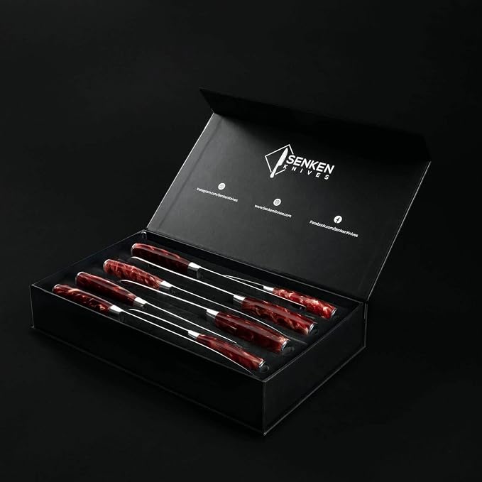 SENKEN 8-Piece Japanese Knife Set with Red Resin Handle and Laser Damascus Pattern - Crimson Collection - Chef's Knife, Cleaver, Santoku, Bread Knife, Paring Knife, & More (Crimson Red)
