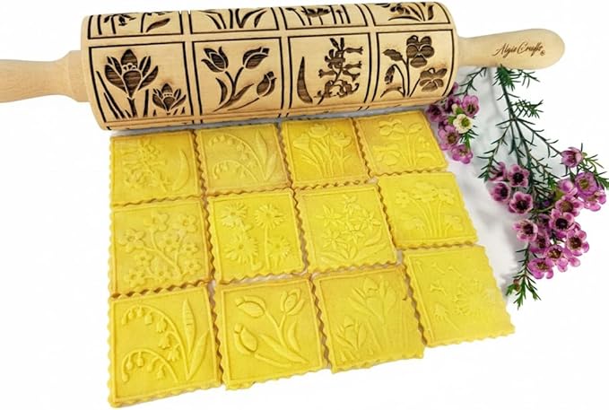 SPRING FLOWERS Embossing Rolling Pin with 16 Different Flowers in Squares. Dough and Clay Roller for Embossed Cookies and Pottery. Cookie and Ceramic Stamp. Baking Gifts for Women by Algis Crafts