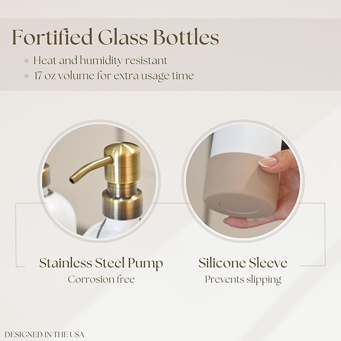 Finisterra White Hand and Dish Soap Dispenser Set With Tray - Boho Bathroom and Kitchen Soap and Lotion Dispenser Set - Luxury Hand Soap Dispenser