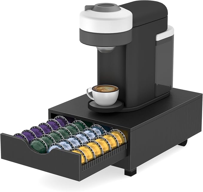 Suli Coffee Pod Drawer Organizer Compatible with Nespresso Vertuo Capsules | Wood Coffee Pod Holder for Countertop with Smooth Pull-Out,52 Small or 40 Large Capsules,Fits Under Coffee Maker,Black