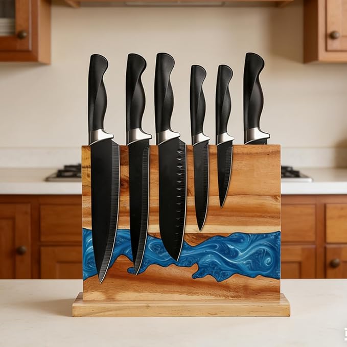 Ocean Magnetic Knife Block, Acacia Wood Knife Holder Stand with Strong Magnets, Double Side Knife Storage Rack for Kitchen (Blue)