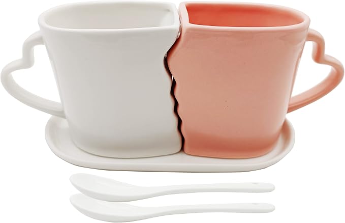 Large Kissing Mugs Set 16oz Kiss Couples Two Coffee Cups with Saucer Love Gifts for Anniversary, Wedding, Valentines, Birthday, Engagement, Lovers Household Tableware White Pink Ceramic