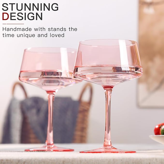 comfit Pink Coupe Glasses Set of 6-13 oz Large Capacity Martini Glassware - Versatile Tall Cocktail Glasses- Hand-Blown Colored Champagne Coupe Glass-Art Deco Cocktail Glasses Set-Wedding Gifts
