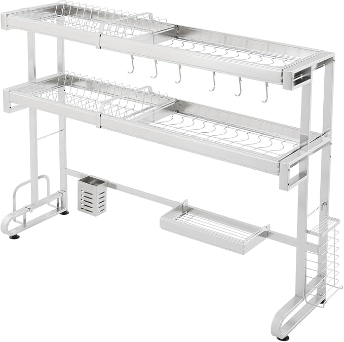 Over The Sink Dish Drying Rack, 3-Tier Drying Drainer Rack Over Sink Stainless Steel Adjustable 45.27'', Large Dish Drainer Drying Rack with Multiple Baskets Utensil Sponge Holder Sink Caddy