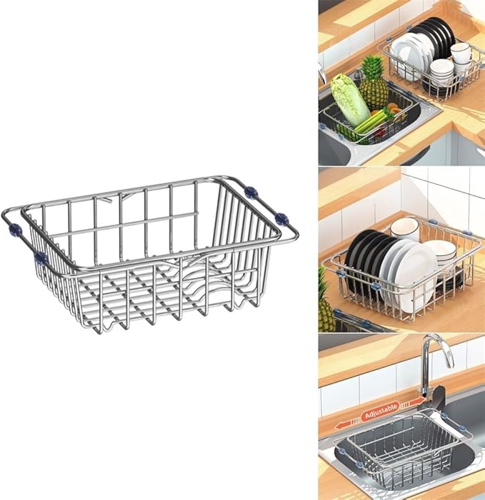 Sink Dish Drying Rack Adjustable Stainless Steel with Non-Slip Rubber Feet Space-Saving Over Sink Design for Kitchen Counter Organization and Utensil Holder(30x20x10cm)