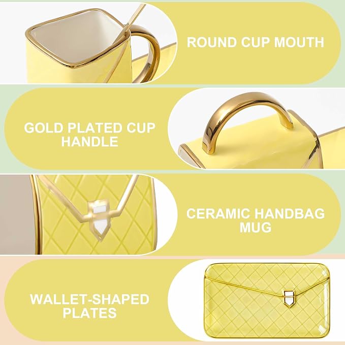 Zubebe 1 Set Coffee Mug Elegant Handbag Shaped Cup Modern Ceramic Purse Mug with Spoon and Saucer, 10oz Cute Creative Tea Cup for Woman Girls Gift (Light Yellow)