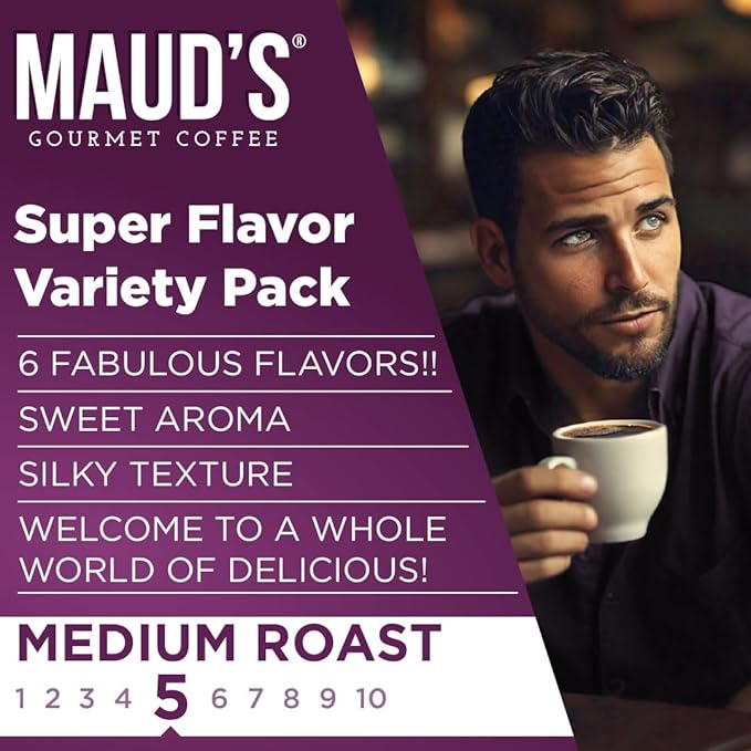 Maud's Flavored Coffee Pods Variety Pack, 24 ct, 6 Assorted Flavors, Medium Roast Flavored Coffee in Single Serve Pods – 100% Arabica Beans, Compatible with Keurig K Cups Maker