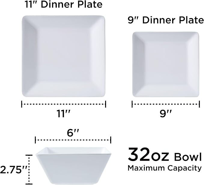 TP 12-Piece Melamine Dinnerware Sets, Plates and Bowls Dishes Set for 4, Break-Resistant & Non-Microwavable, Lightweight Square Dinner Plates, White