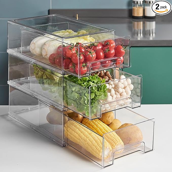 W.C.I. Fridge Drawers - Clear Stackable Pull Out Refrigerator Organizer Bins - Food Storage Containers for Kitchen, Refrigerator, Freezer, Vanity & Fridge Organization and Storage (2 Pack | X-Large)