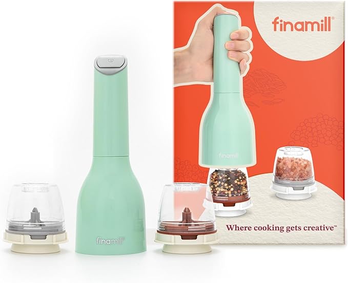 FinaMill Classic Battery Spice Mill – Battery Operated Salt and Pepper Grinder Set, Includes 2 Interchangeable Spice Pods, Adjustable Coarseness, Ceramic Grinder, LED Light, Home and Kitchen Gift Set