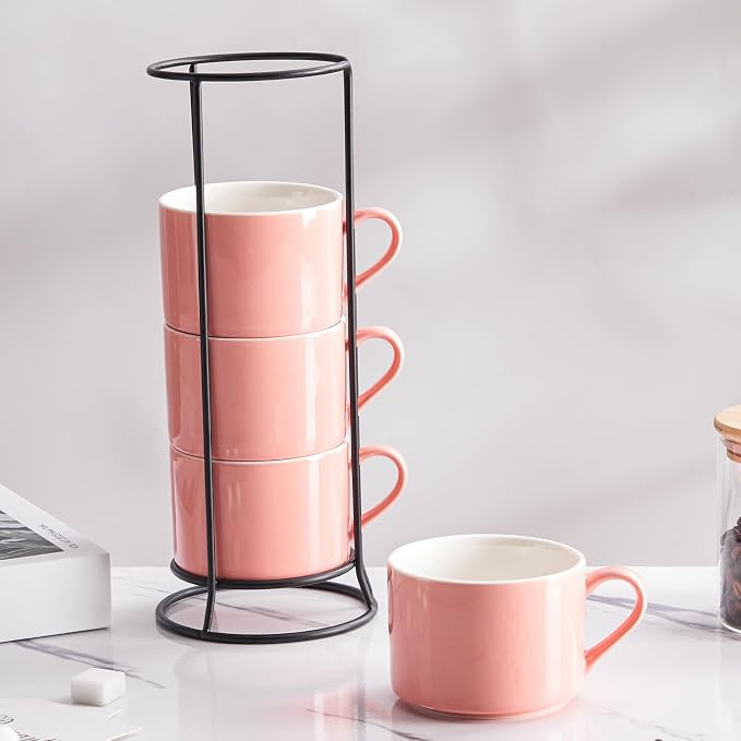 10oz Porcelain Stackable Coffee Mugs and Metal Stand Set of 4, Espresso Cups Set for Hot Drinks, Cappuccino, Tea-Pink