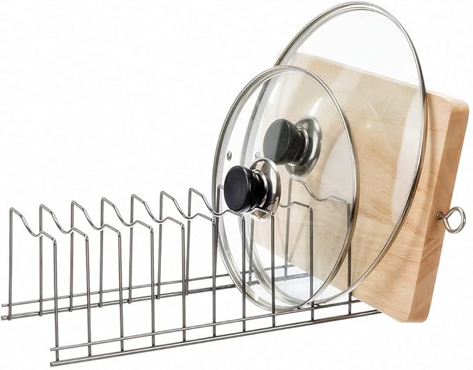 SANNO Pot Lid Organizer Pot Lid Rack Holder Drawer Plate Organizer Expandable Dish Drying Rack Sink Dishes Drainer, Dish Rack with Utensil Silverware Storage Holder