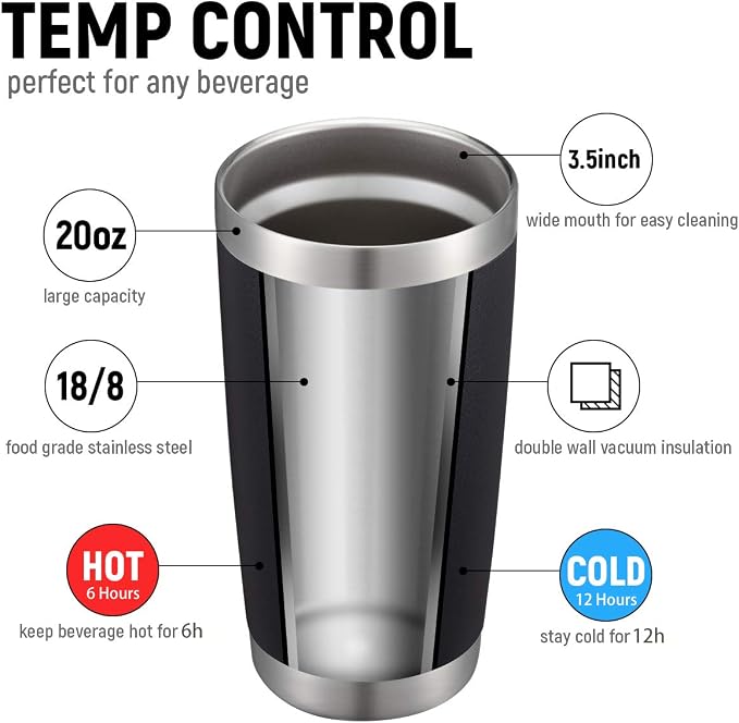 COMOOO 20oz Black Tumbler 4 Pack Stainless Steel Insulated Travel Mug with Lid and Straw Vacuum Double Wall Coffee Cup for Hot Beverage and Cold Drinks(Black, 4 Pack)