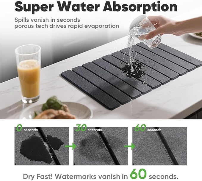 Stone Drying Mat for Kitchen Counter, Quick Diatomaceous Earth Mats for Dishes, 23.6"L x 15.7" W Super Absorbent Fast-Drying Collapsible Countertop Stone Mat (Dark Grey, 24" x 16")