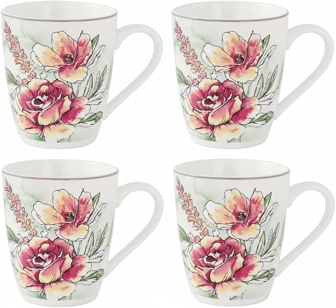 Lorren Home Trends Floral Rose Coffee Mug Set of 4, 12 Oz, Microwave and Dishwasher Safe, Bone China (PINK)