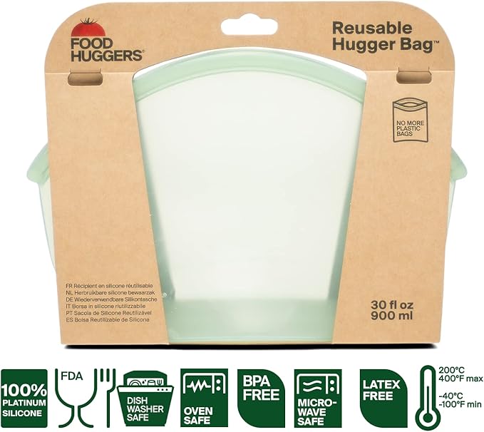 Food Huggers Hugger Bags Silicone Reusable Lunch & Snack Bag | Durable Storage, BPA Free, Dishwasher & Freezer Safe, Stand-Up Resealable Produce Pouch | Large 30 fl oz, Juniper (Pack of 2)