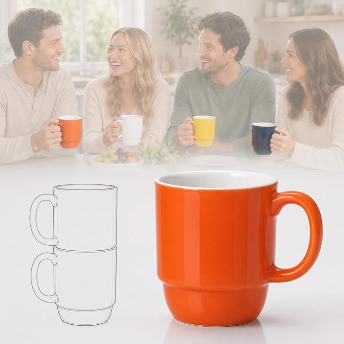 Stackable Porcelain Coffee Mug Set of 4 – 16oz Large Handle, Space-Saving Ceramic Mugs for Kitchen & Coffee Bar, Microwave & Dishwasher Safe • Modern Home Gift