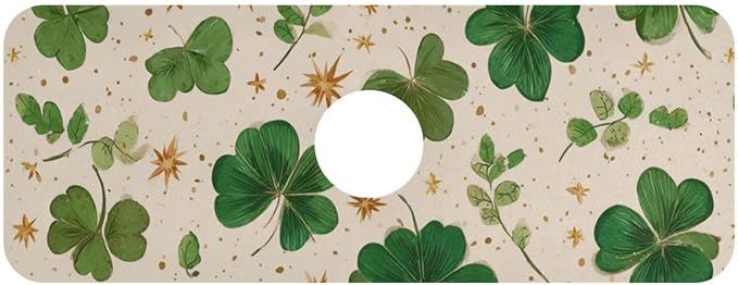 Kitchen Sink Splash Guard 1 PC 14.7 Inch Sink Faucet Mat Splash Guard for Bathroom Countertop Water Absorbent Foldable Cuttable Soft Washable Green Clovers and Gold Stars