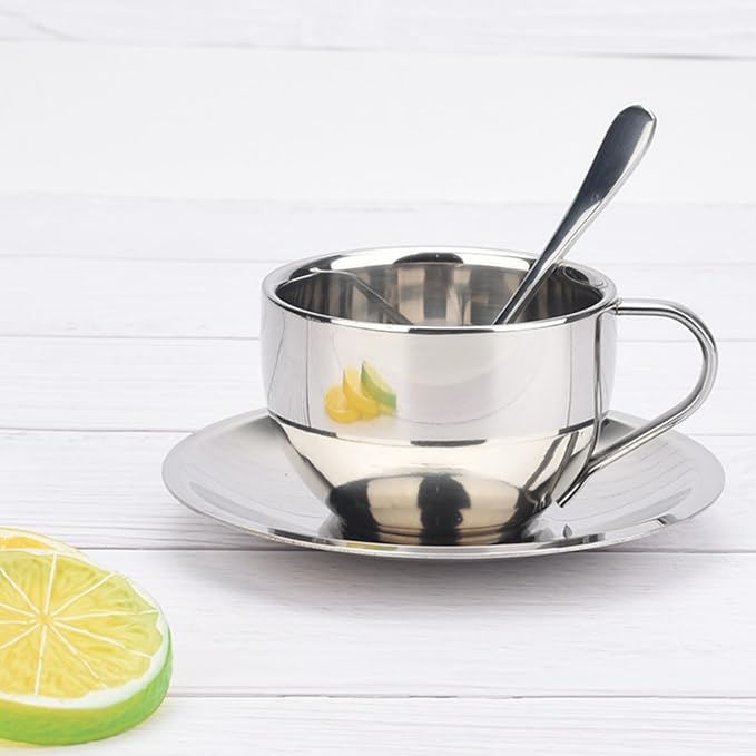 8 Packs Stainless Steel Coffee Cups 5.75 Oz Coffee Mugs with Spoon and Saucer Espresso Cups Cups Mugs for Coffee, Latte,Tea, Milk