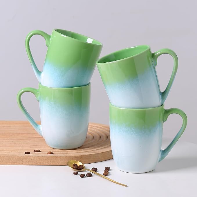 MONITO 14 OZ Coffee Mugs Set of 4, Large Ceramic Blue Coffee Mugs Set with handle for Tea/Latte/Milk/Cocoa, Funny Tea Cups for Office and Home, Engagement Gifts. (White-green)
