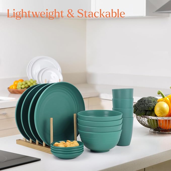 Wrova Wheat straw plates and bowls set of 16 - Unbreakable wheat straw dinnerware sets for kids - Alternative plastic dinnerware set service for 4 - Microwave safe and Dishwasher safe bowls. Green