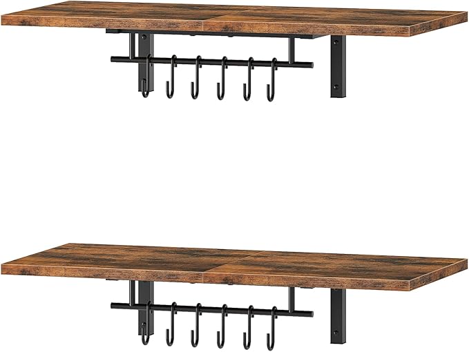 CHOEZON Wall-Mounted Pot Racks, Set of 2 Hanging Pot Rack, Floating Shelves, Vintage Pot Hangers for Kitchen, 2-Tier Hanging Shelves for Kitchen Storage, Rustic Brown and Black TPR27P2BF