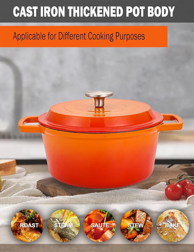 4.2 Quart Cast Iron Dutch Oven with Lid - Enameled Non-Stick Interior, Oven Safe to 500°F, Multi-Stovetop Compatible – Flame