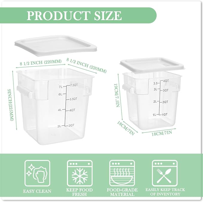 Lallisa 4 Pcs 8qt & 4qt Clear Food Storage Containers with Lids Handles and Scales, Stackable Plastic Square Food Storage Containers for Dough Proofing Baking Kitchen Restaurant(White)