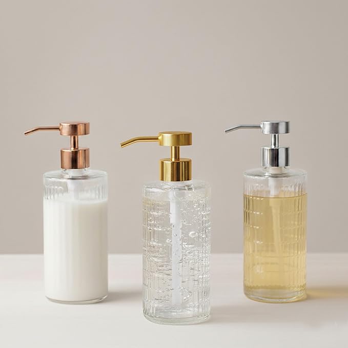 Elegant Fluted Glass Soap Dispenser with Stainless Steel Pump, 17oz Vintage Art Deco Style Clear Ribbed Glass Bottle for Bathroom, Dish Soap Dispenser for Kitchen (Gold Pump)