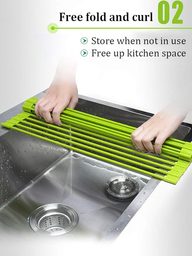 Green Creative Roll-Up Dish Drying Rack Stainless Steel and Silicone Dish Drying Mat Convenient Over The Sink Foldable Drain Rack - 43x33cm(52 * 33cm)