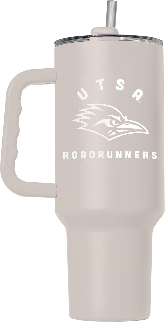 Logo Brands NCAA UTSA Roadrunners Sand 40 oz Tumbler with Handle - Stylish Everyday Use Powder Coated-Stainless Steel with Straw- Keeps Cold For Hours