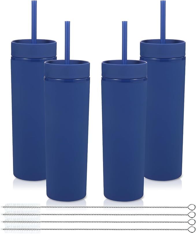 Volhoply 16oz Plastic Skinny Tumbler with Lid and Straw Bulk 4 Pack,Insulated Double Wall BPA Free Matte Acrylic Tumblers,Iced Coffee Travel Mug Reusable Party Cup,Customizable Diy Gifts(Navy,4 Set)