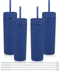 Volhoply 16oz Plastic Skinny Tumbler with Lid and Straw Bulk 4 Pack,Insulated Double Wall BPA Free Matte Acrylic Tumblers,Iced Coffee Travel Mug Reusable Party Cup,Customizable Diy Gifts(Navy,4 Set)