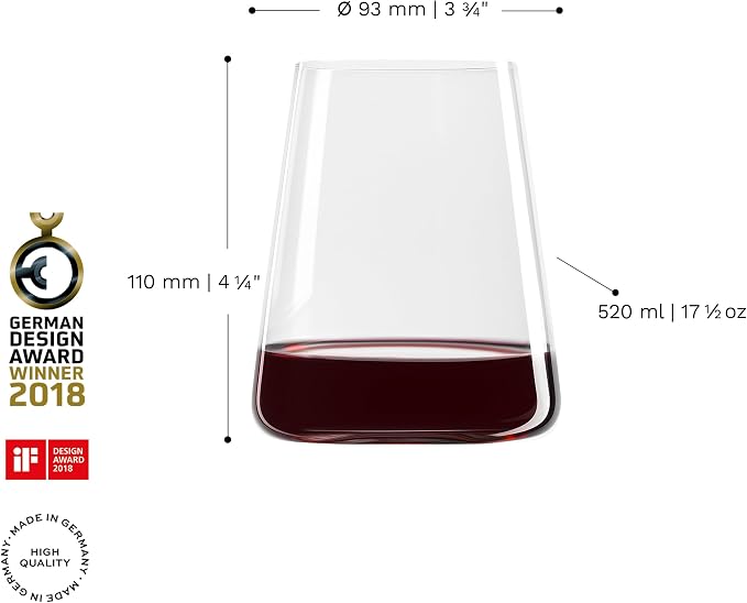 Stölzle Lausitz Stemless Red Wine Glass Power Set of 4, 17.5 oz – Modern Stemless Wine Glasses for Maximum Aroma – Flat Red Wine Glasses in Crystal Glass–Dishwasher & Break-Resistant, Made in Germany