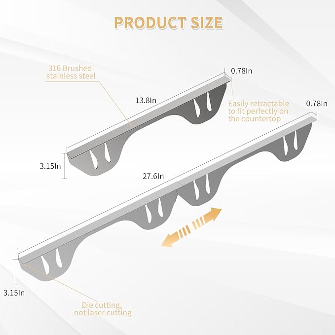 316 Stainless Steel Stove Gap Covers,2 Pack Stove Gap Filler,Range Trim Kit,Heat-Resistant Stove Gap Guard,Easy Retractable Length 13.8" to 27.5",Width 0.78",Silver