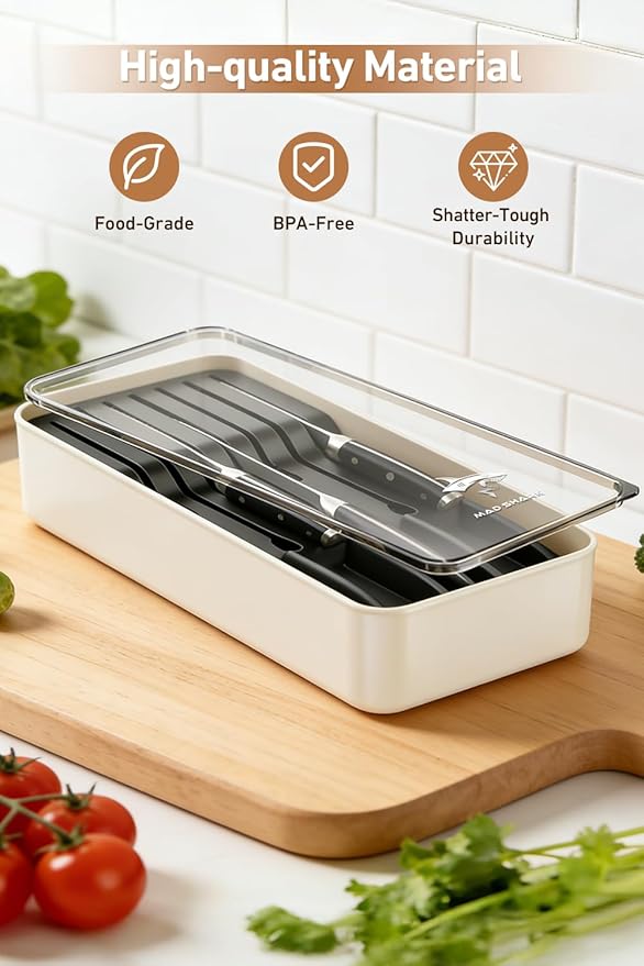 MAD SHARK 2-in-1 Detachable Knife Block & Silverware Organizer, Drawer Knife Holder for 7 Knives, BPA-Free, Blade-Safe Slots, Save Counter Space, Kitchen Drawer or Counter Storage, No Knives