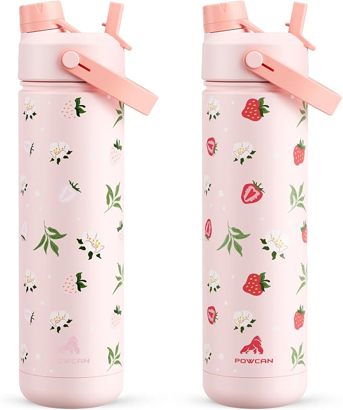 POWCAN 26 oz Insulated Water Bottle with 2-in-1 Straw and Spout Lid, Keep Cold 24H, Leak-Proof, Fits in Car Cup Holder, Stainless Steel Water Bottle for Sports, Travel, Gift (Sun-Kissed Strawberry)
