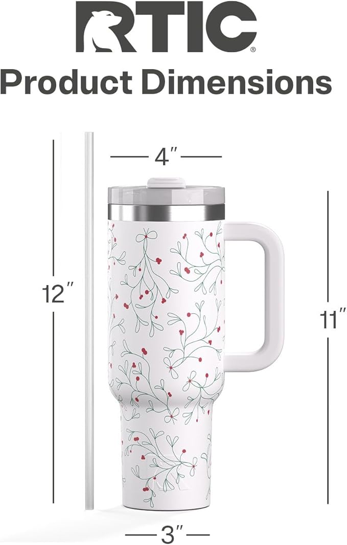 RTIC 40 oz Road Trip Tumbler Double-Walled Cermaic Lined Insulated Stainless Steel Portable Travel Coffee Mug Cup with Lid, Handle and Straw, Mistletoe